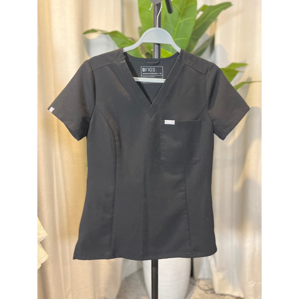 FIGS Technical Collection Black V-Neck Short Sleeve Scrub Top Womens Size XS